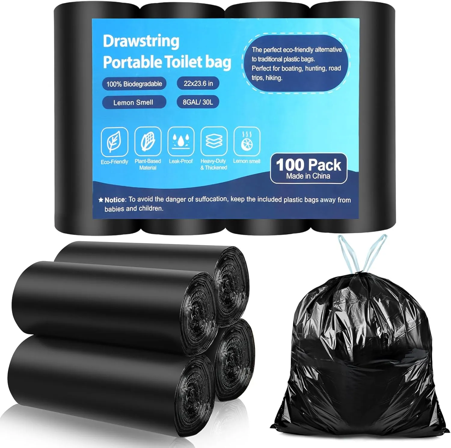 100 Portable Toilet Bags, Drawstring Biodegradable Camping Potty Bags 8 Gallon Waste Bags for 5-8 Gallon Bucket Toilet Adults Outdoor Camping Car