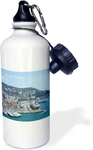 3dRose "Harbor in Nice South France-French Riviera-Mediterranean coastal town city. Boats. world travel" Sports Water Bottle, 21 oz, White