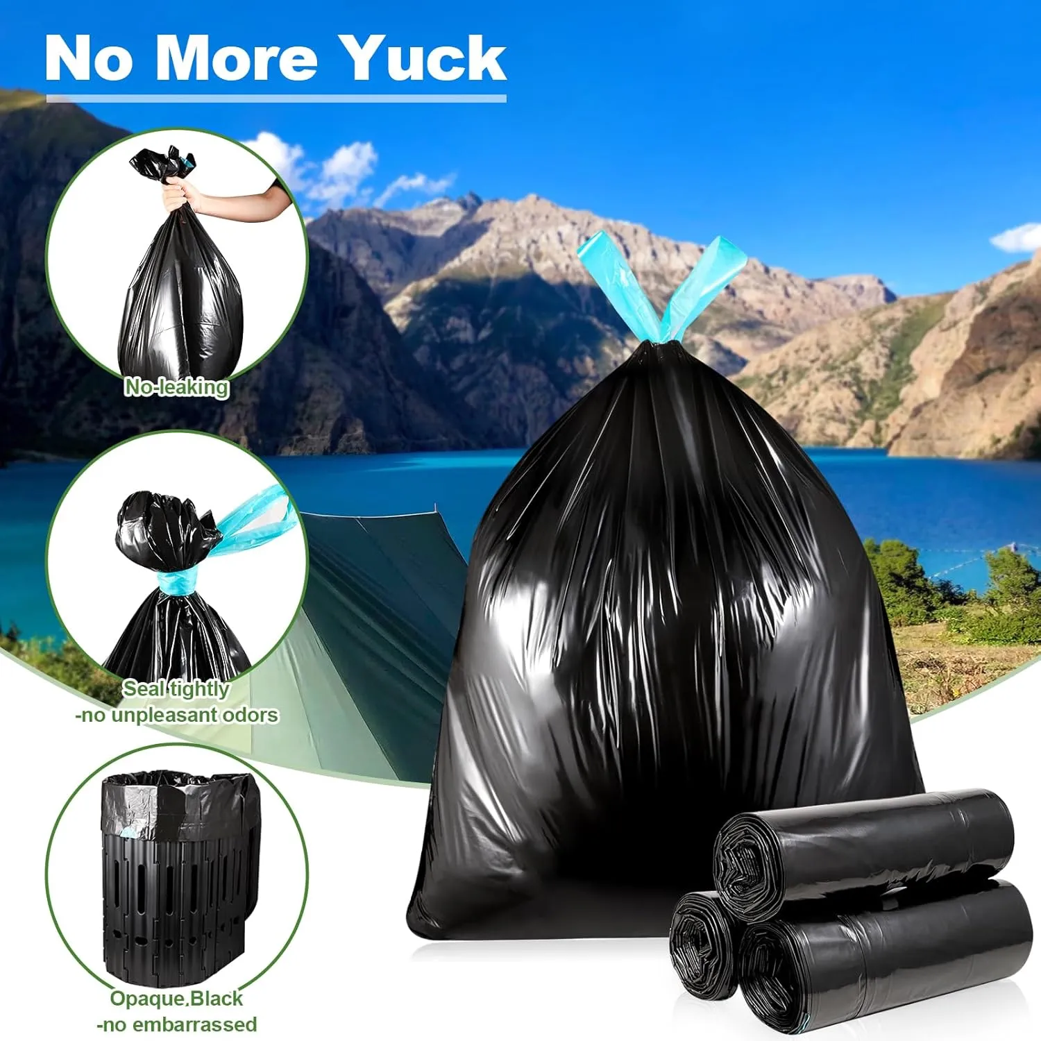 60 Portable Toilet Bags with Poo Gel Set, 8 Gallon Camping Toilet Bags with Absorbent Gels, Waste Bags, Leak-Proof Trash Bag for Camping Potty, Traveling