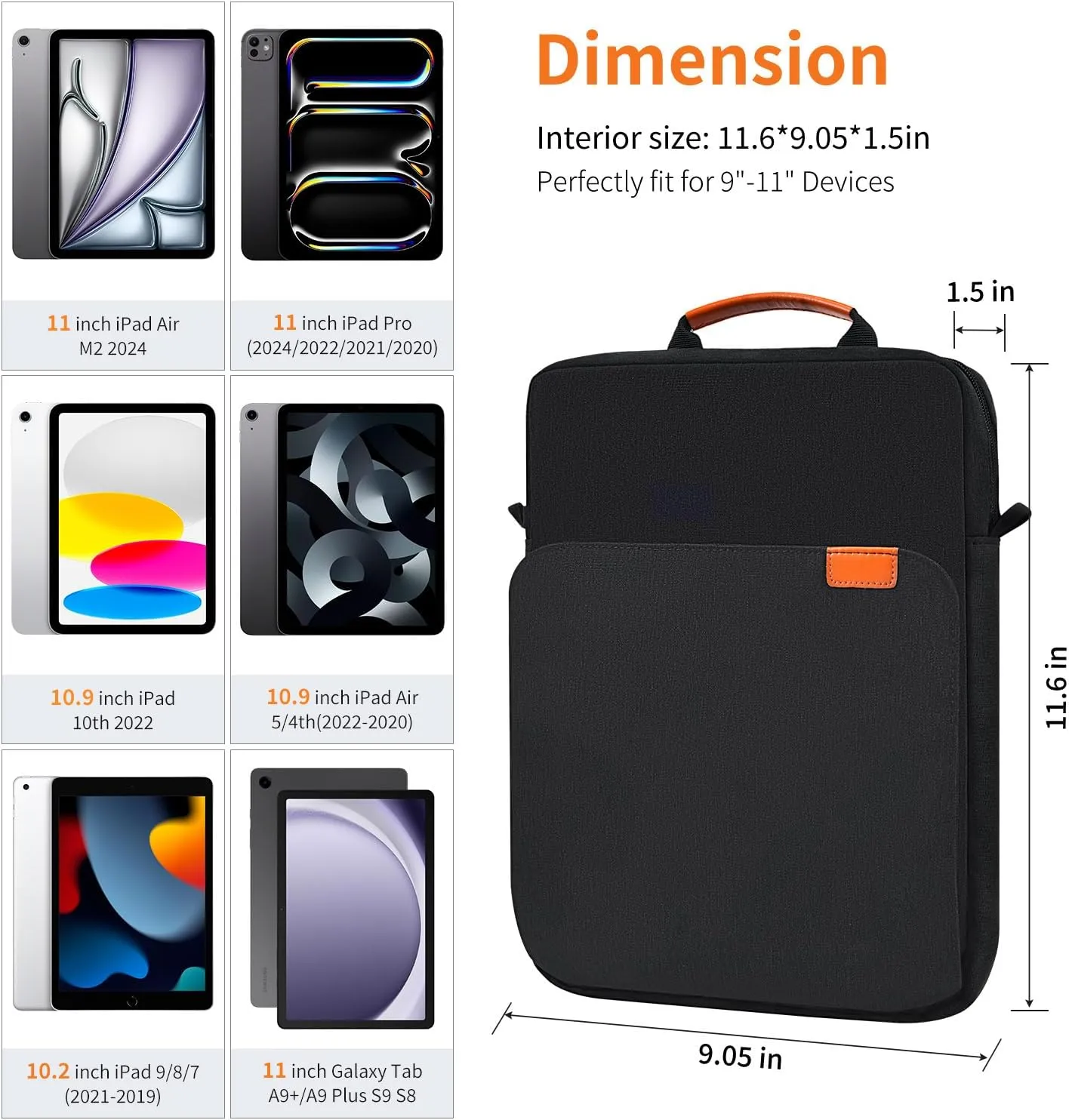 9-11 Inch Tablet Shoulder Bag Carrying Case for 11" iPad Pro M4/ iPad Air M3 M2 2025 2024, iPad A16 11" 2025, iPad 10th 10.9, iPad 9/8/7 10.2, iPad Air 5/4th 10.9, Vertical Laptop Sleeve Handbag,Black