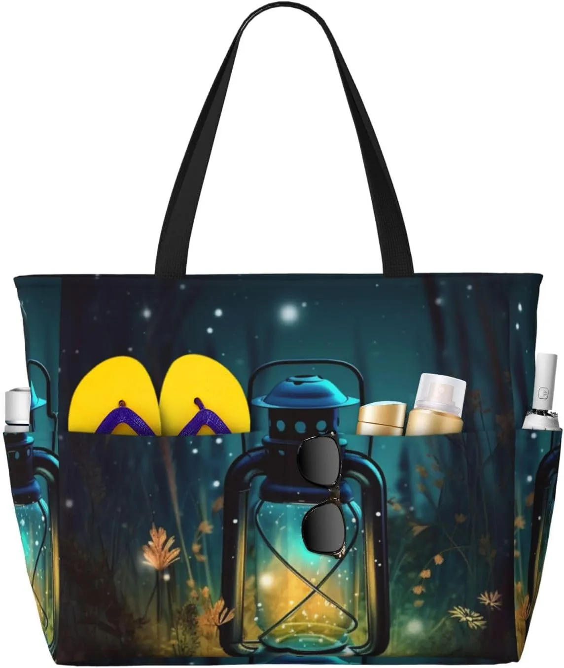 Beach Bags For Women Large Waterproof Sandproof Beach Tote Bag Lightweight Zipper Carry On Bag Fireflies And Lantern Pool Bag For Gym Travel Vocation