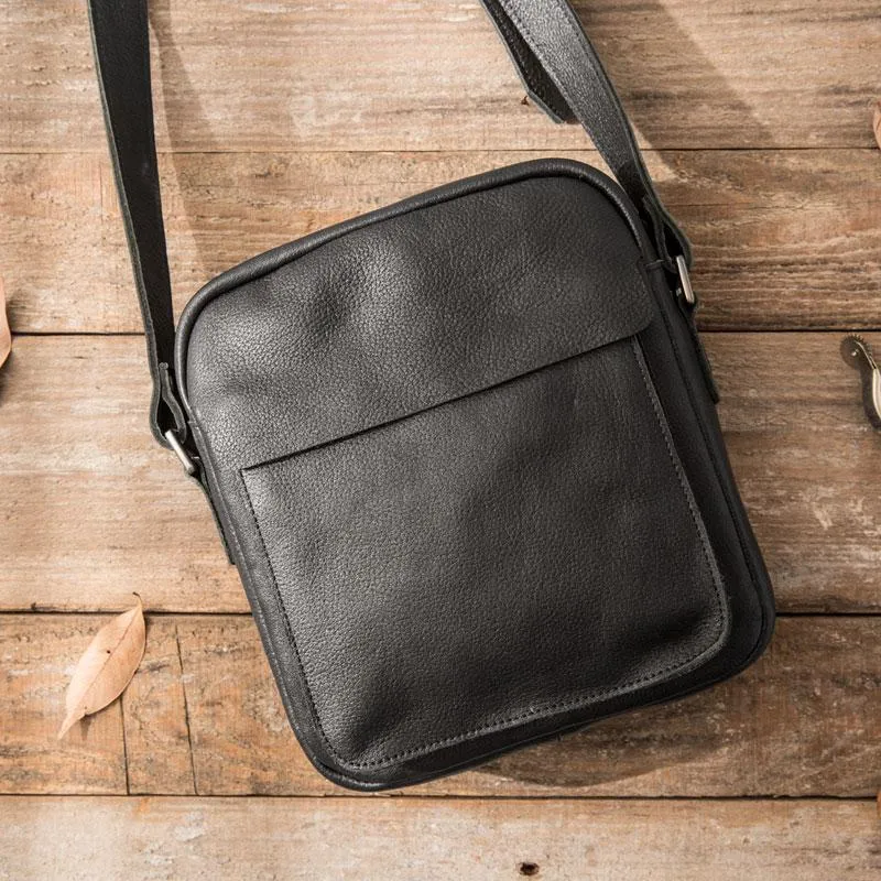 Black Small Leather Mens Shoulder Bags Messenger Bags for Men