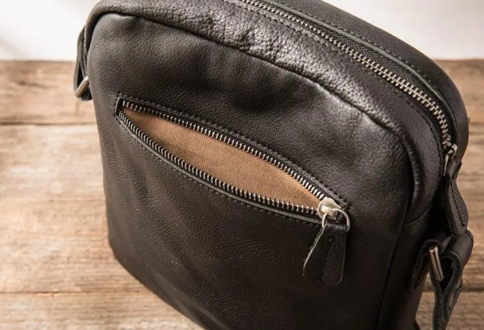 Black Small Leather Mens Shoulder Bags Messenger Bags for Men