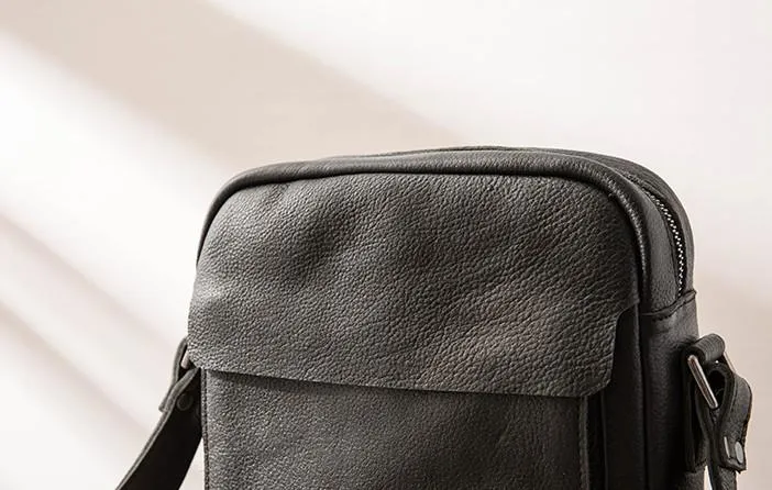 Black Small Leather Mens Shoulder Bags Messenger Bags for Men