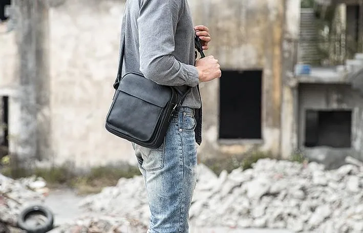 Black Small Leather Mens Shoulder Bags Messenger Bags for Men