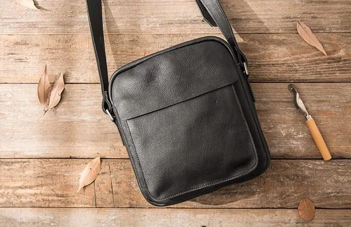 Black Small Leather Mens Shoulder Bags Messenger Bags for Men