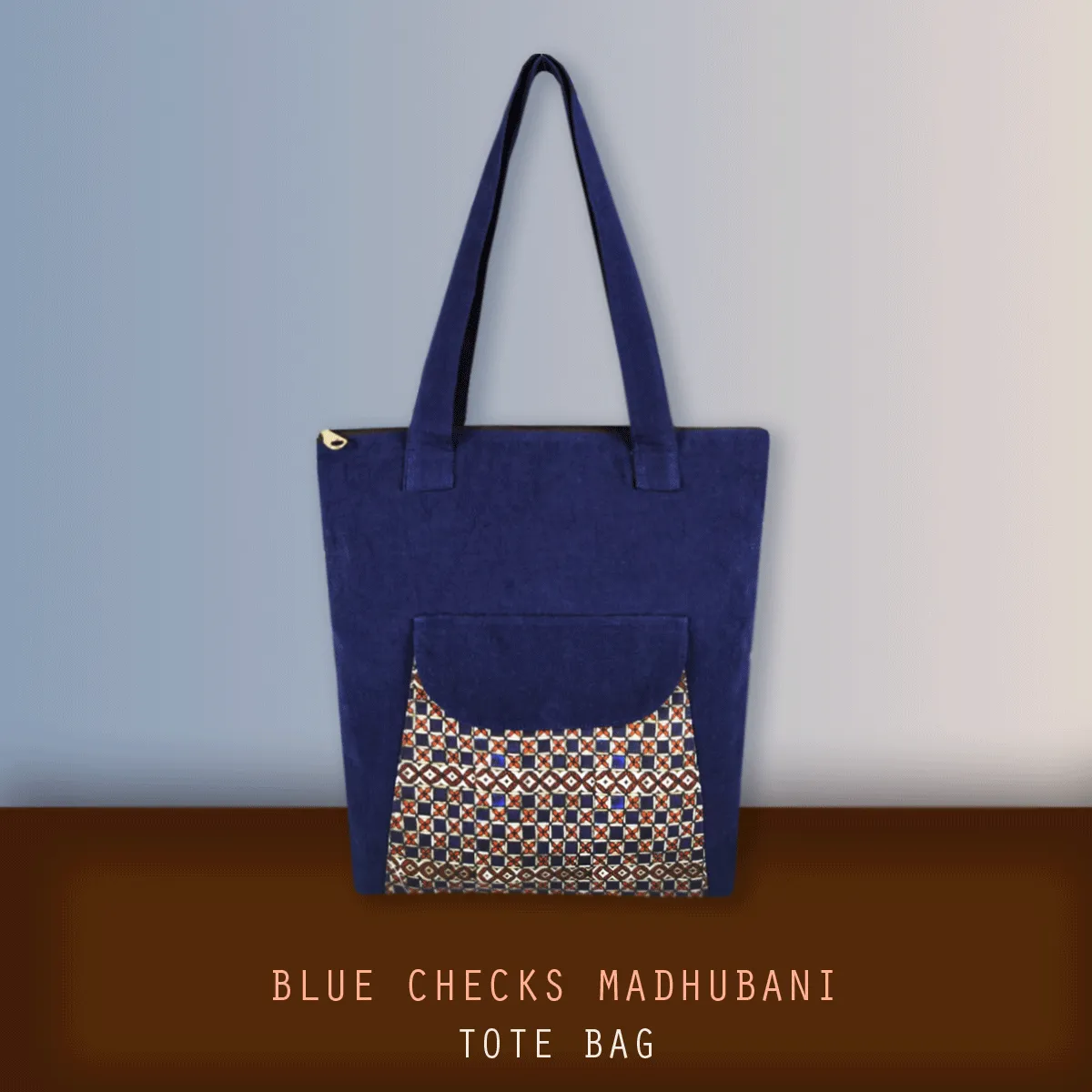 Blue Madhubani Checks Flap Tote Bag