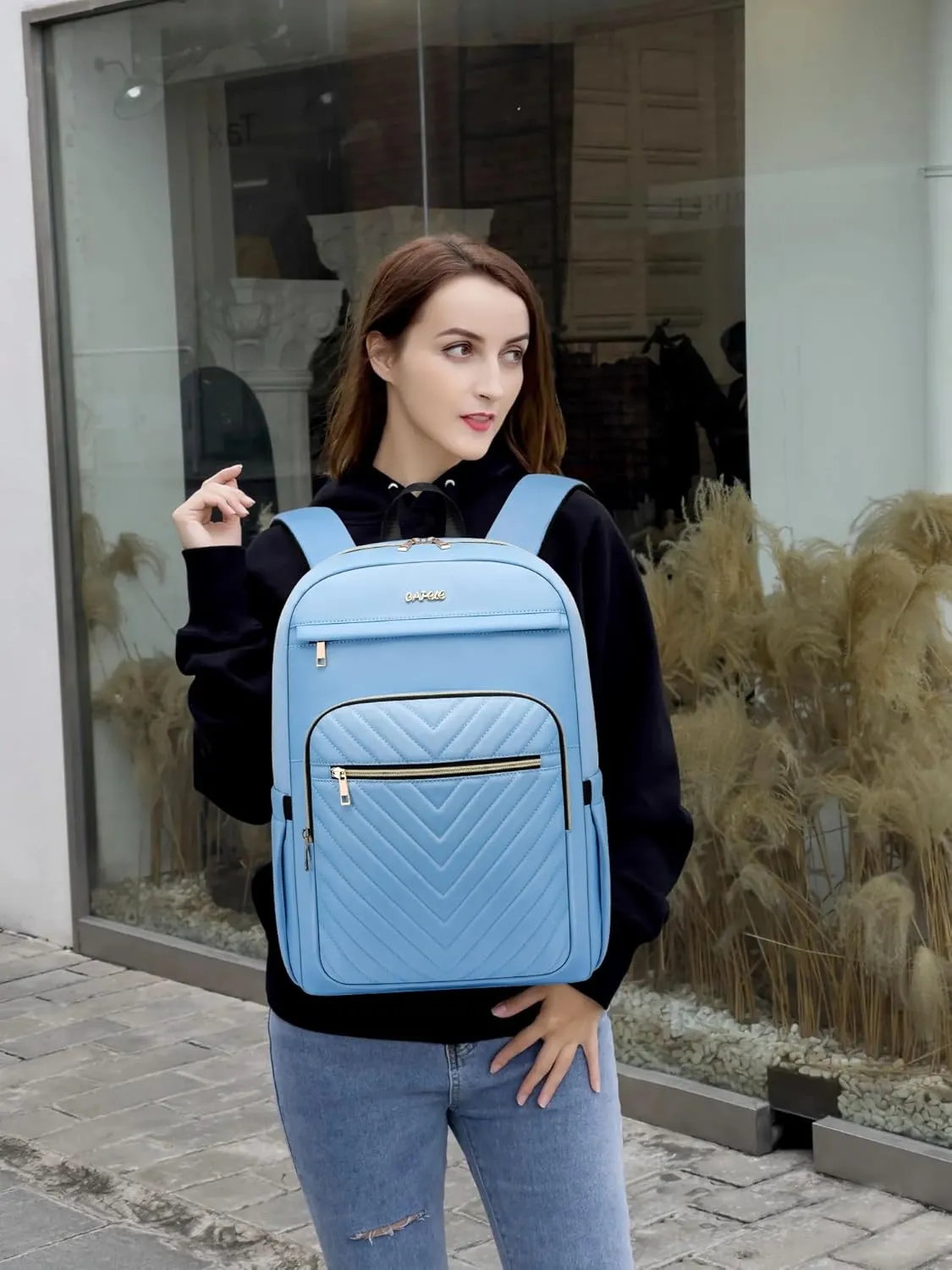 CAFELE Laptop Backpack Purse for Women Men Waterproof Teacher Nurse Bag, 17.3 inch Work laptop Bag with USB Port, Business Travel Computer Backpack Light Blue