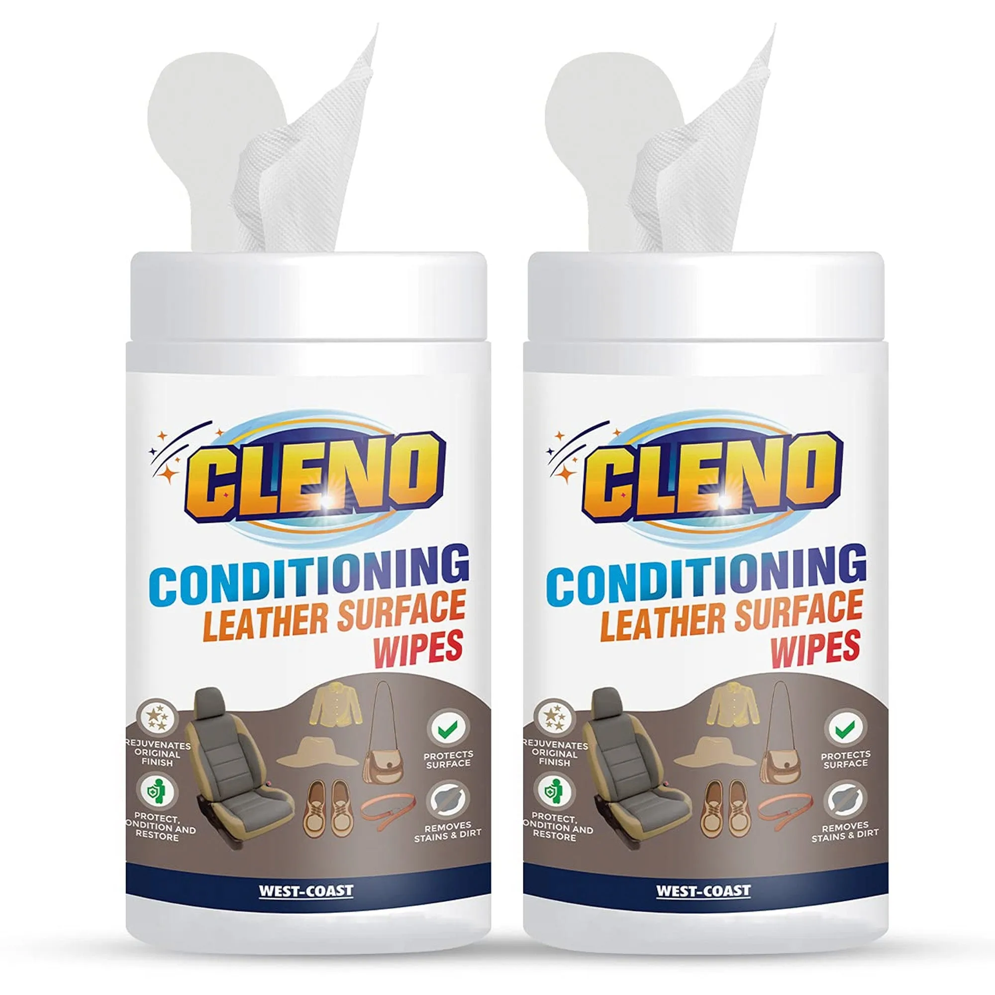 Cleno Conditioning Leather Surface Wet Wipes for Sofas, Bags, Leather Clothes & Interior, Car Seat, Luggage, Briefcases, Shoes, Handbags, Restores Polish and Gives Shine - 50 Wipes (Pack of 2) (Ready to Use)