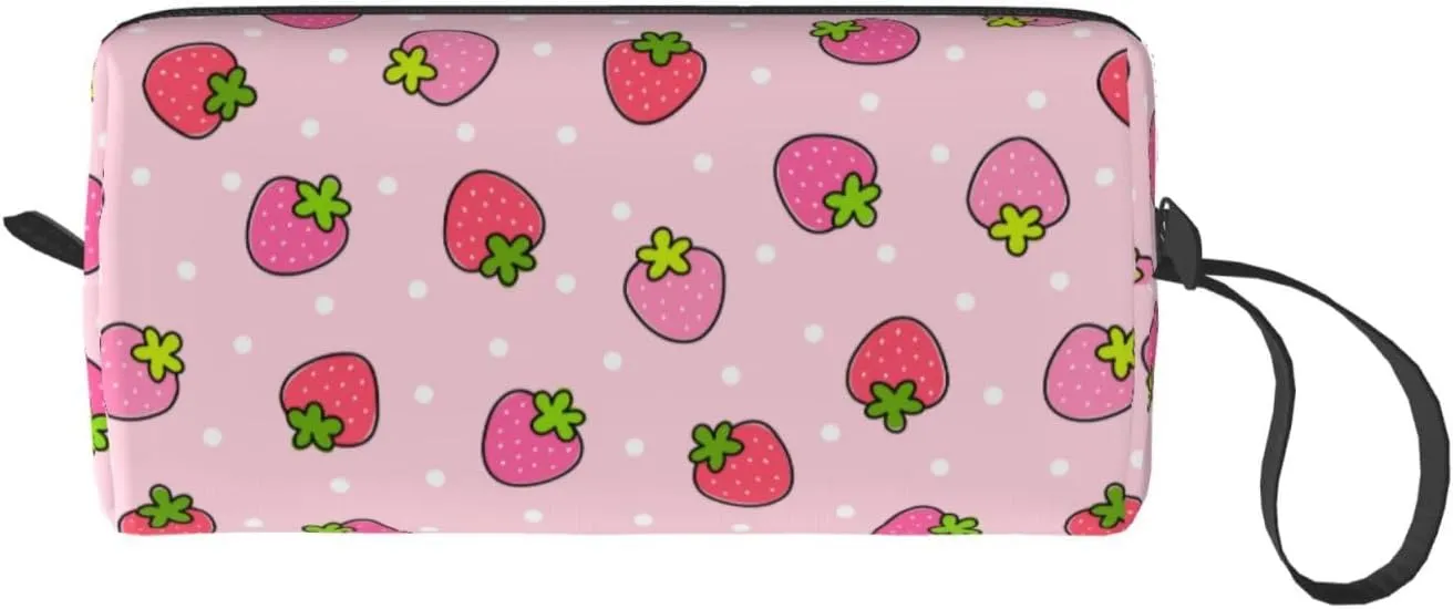 Cute Strawberry Pink Makeup Bag Organizer Small Cosmetic Bags Portable Travel Toiletry Bag With Handle Simple Accessories Storage Zipper Pouch For Women Girl