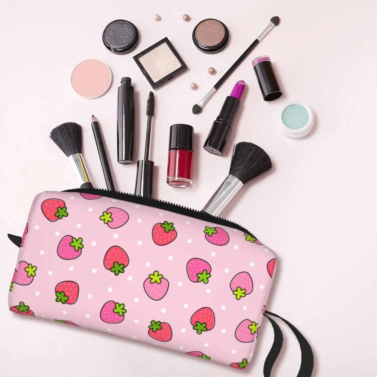 Cute Strawberry Pink Makeup Bag Organizer Small Cosmetic Bags Portable Travel Toiletry Bag With Handle Simple Accessories Storage Zipper Pouch For Women Girl