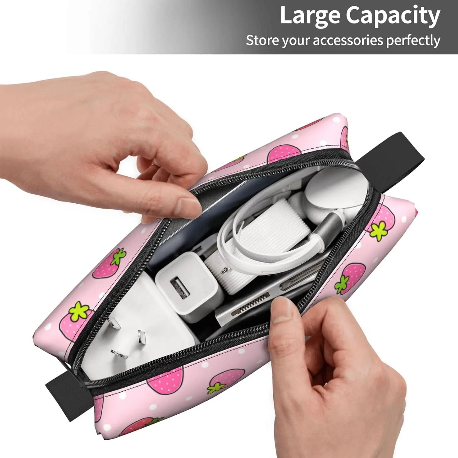 Cute Strawberry Pink Makeup Bag Organizer Small Cosmetic Bags Portable Travel Toiletry Bag With Handle Simple Accessories Storage Zipper Pouch For Women Girl