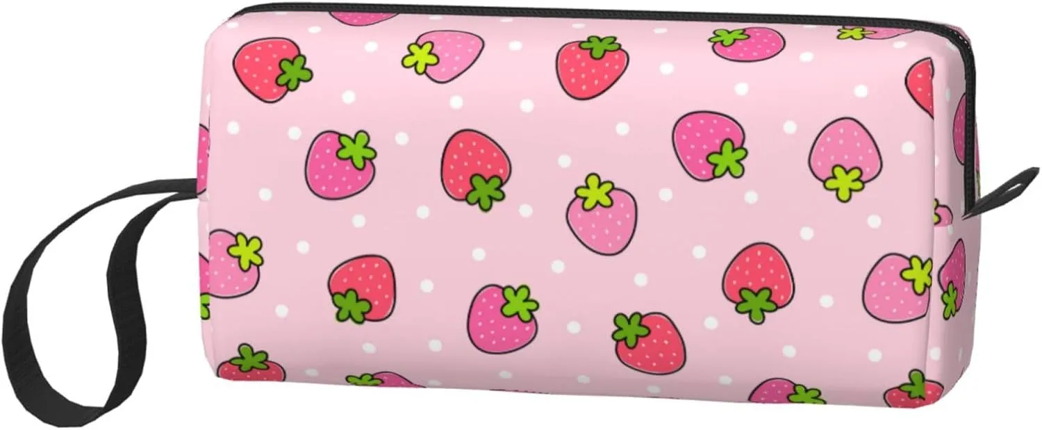 Cute Strawberry Pink Makeup Bag Organizer Small Cosmetic Bags Portable Travel Toiletry Bag With Handle Simple Accessories Storage Zipper Pouch For Women Girl