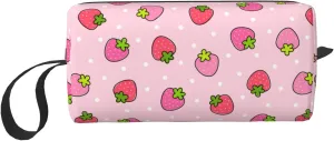 Cute Strawberry Pink Makeup Bag Organizer Small Cosmetic Bags Portable Travel Toiletry Bag With Handle Simple Accessories Storage Zipper Pouch For Women Girl