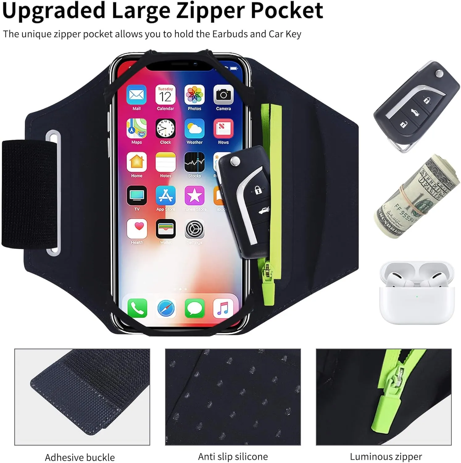 Detachable & 360 Rotatable Running Phone Armband - Zipper Pocket & Earphone Bag for Car Key & Card Slot for iPhone 16 15 14 Pro Max Plus Samsung Galaxy  Workout Exercise Holder with Reflective Strap