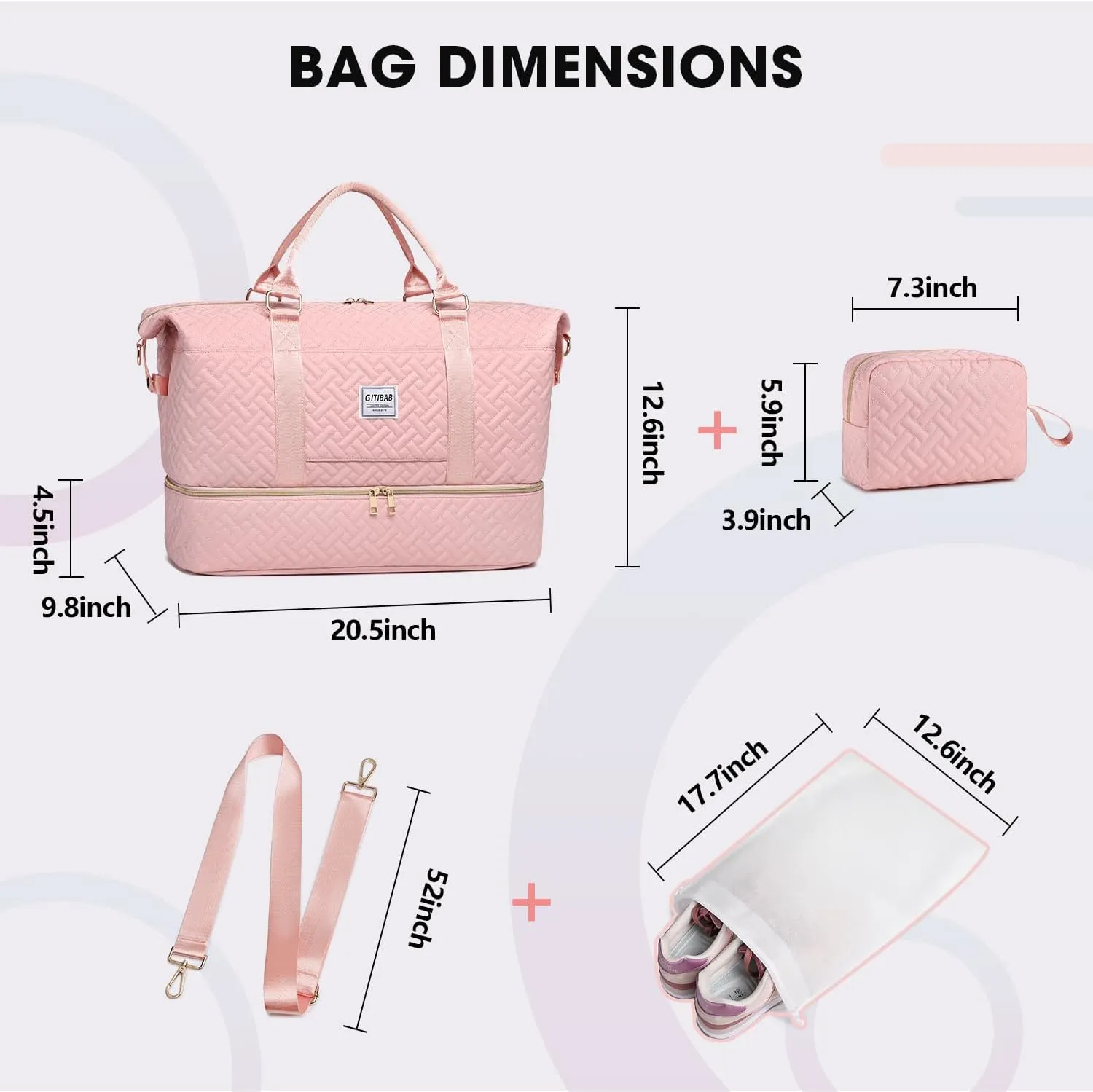 Duffle Bags for women,50L Quilted Travel Weekender Bag with Shoe Compartment, Large Carry On Overnight Tote Gym Bag