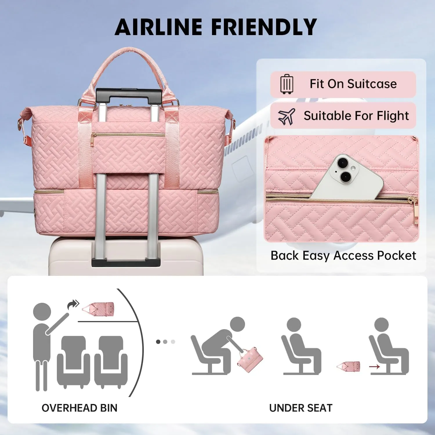 Duffle Bags for women,50L Quilted Travel Weekender Bag with Shoe Compartment, Large Carry On Overnight Tote Gym Bag