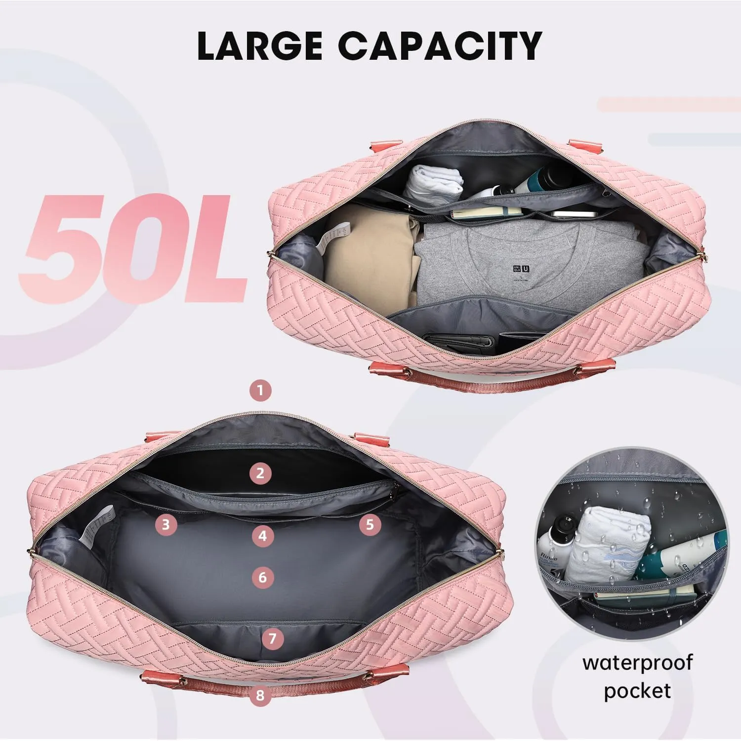 Duffle Bags for women,50L Quilted Travel Weekender Bag with Shoe Compartment, Large Carry On Overnight Tote Gym Bag