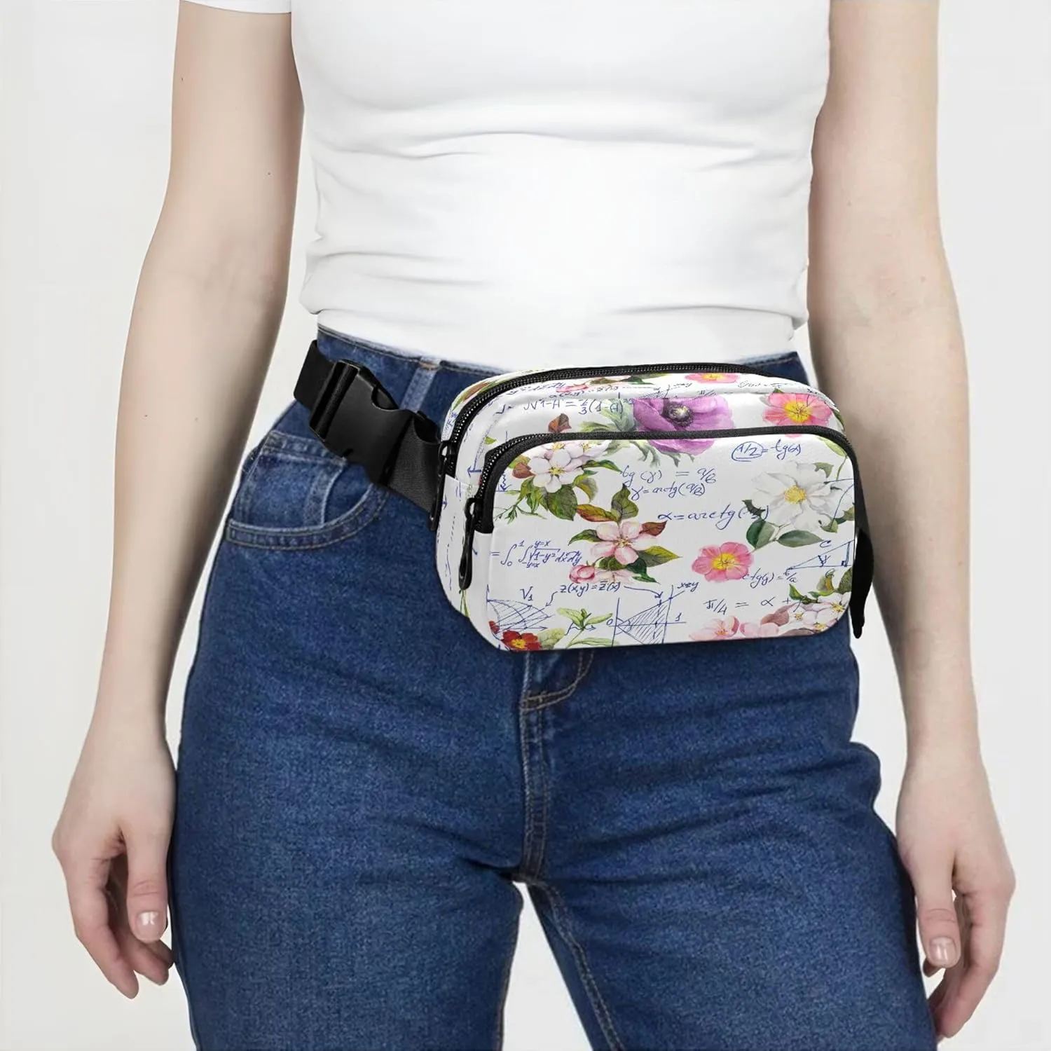 Exnundod Unique Math Design Flower Fanny Packs for Women Men, Waist Pack Crossbody Bags Waterproof Adjustable Belt Strap for Running Hiking Workout