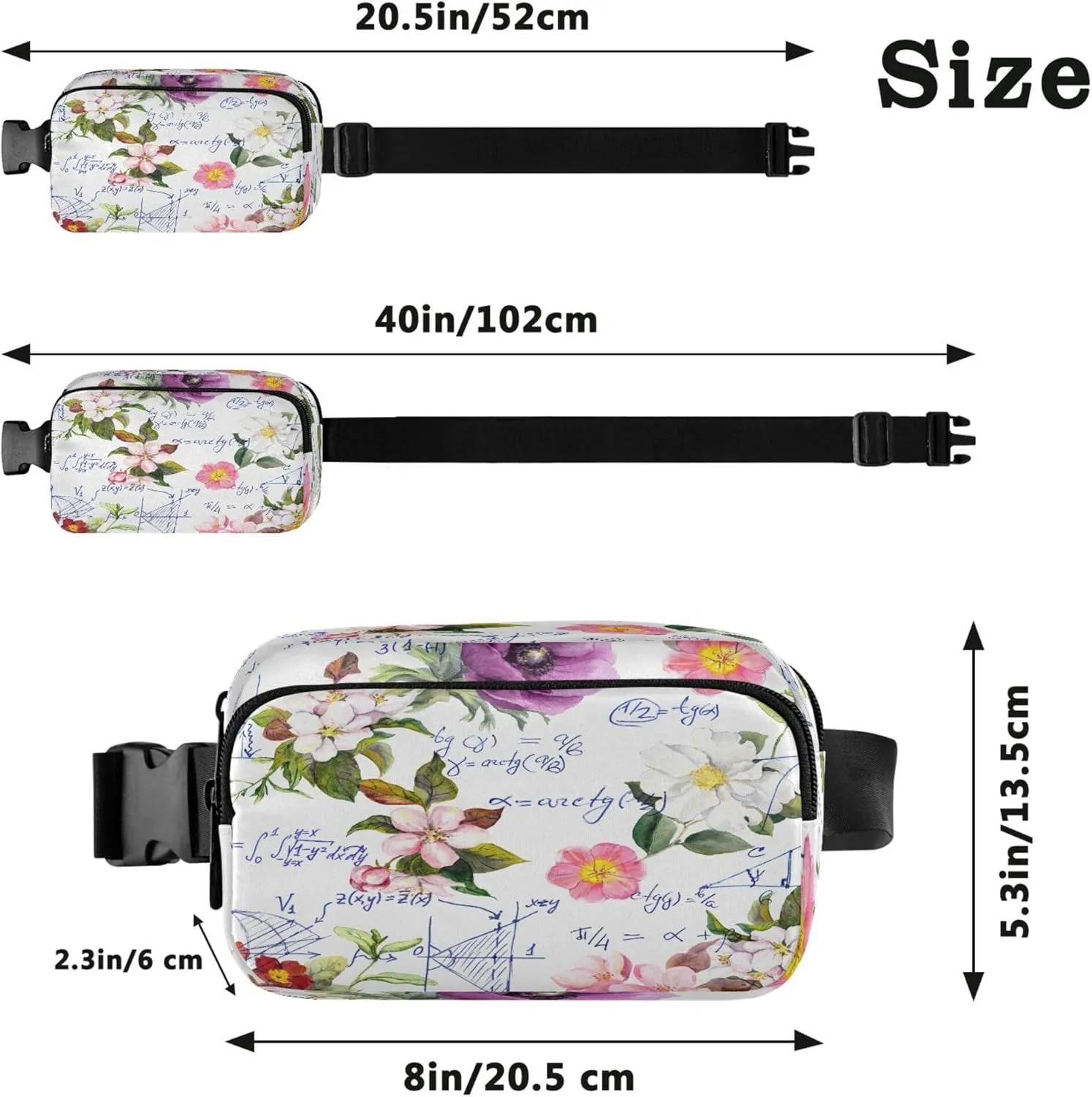 Exnundod Unique Math Design Flower Fanny Packs for Women Men, Waist Pack Crossbody Bags Waterproof Adjustable Belt Strap for Running Hiking Workout