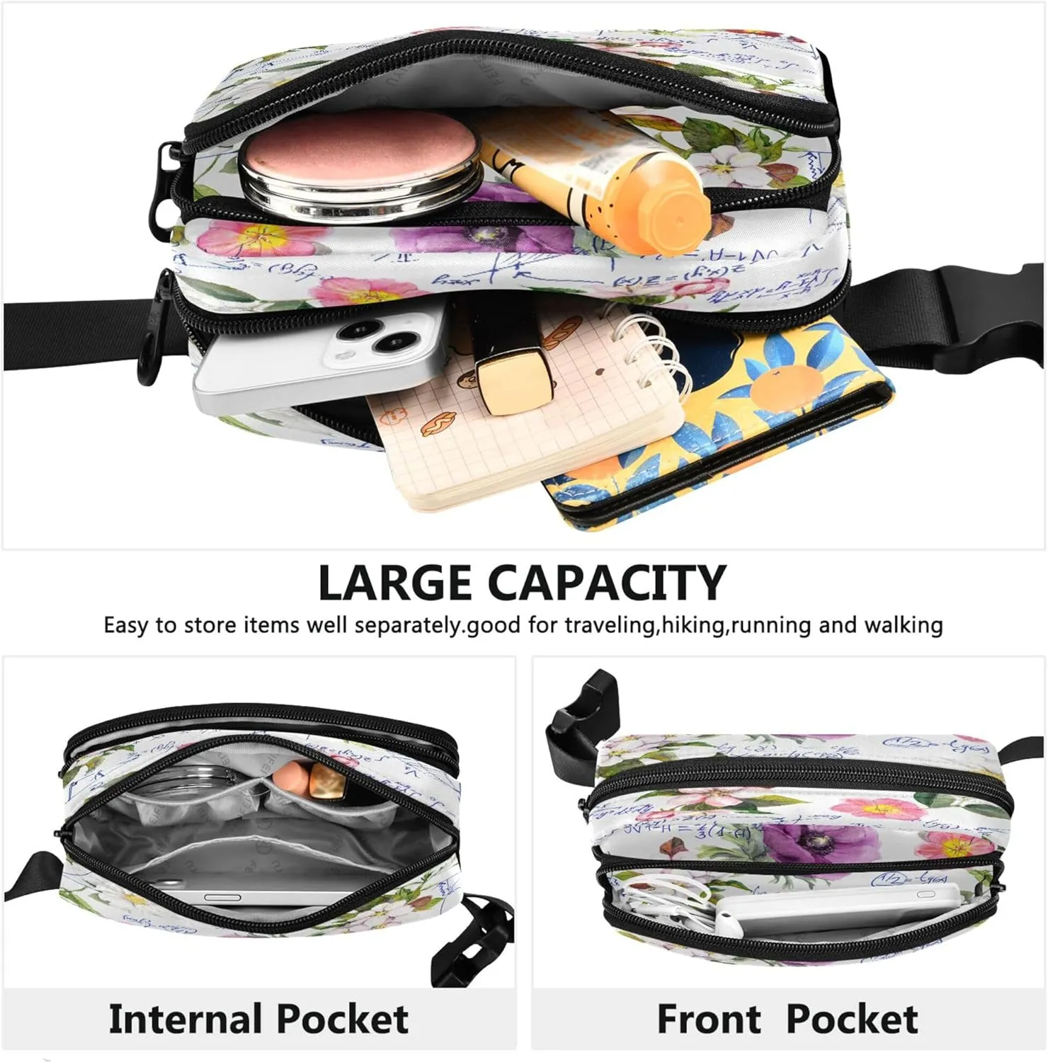 Exnundod Unique Math Design Flower Fanny Packs for Women Men, Waist Pack Crossbody Bags Waterproof Adjustable Belt Strap for Running Hiking Workout