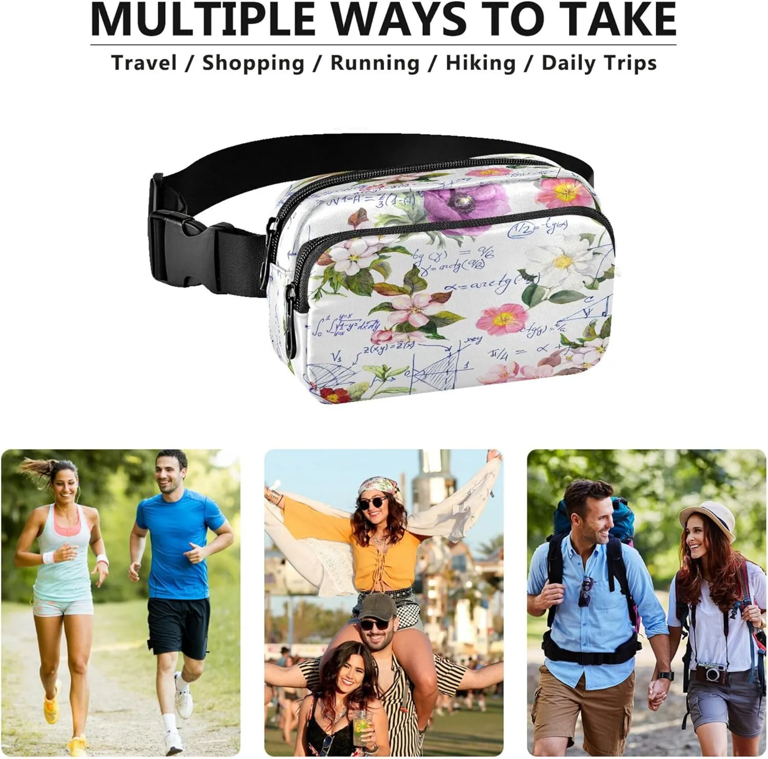 Exnundod Unique Math Design Flower Fanny Packs for Women Men, Waist Pack Crossbody Bags Waterproof Adjustable Belt Strap for Running Hiking Workout