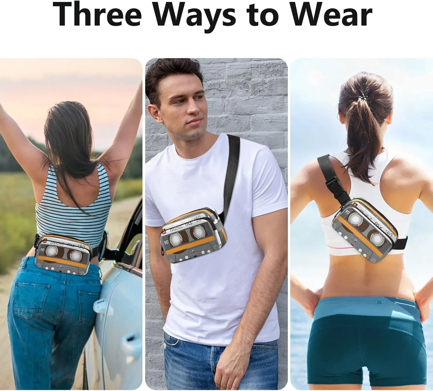 Exnundod Unique Music Mix 80s Tape Fanny Waist Pack for Women Men, Retro Cassette Crossbody Pack with Adjustable Strap Belt Bag Hip Bum Bag for Running Hiking Cycling Traveling