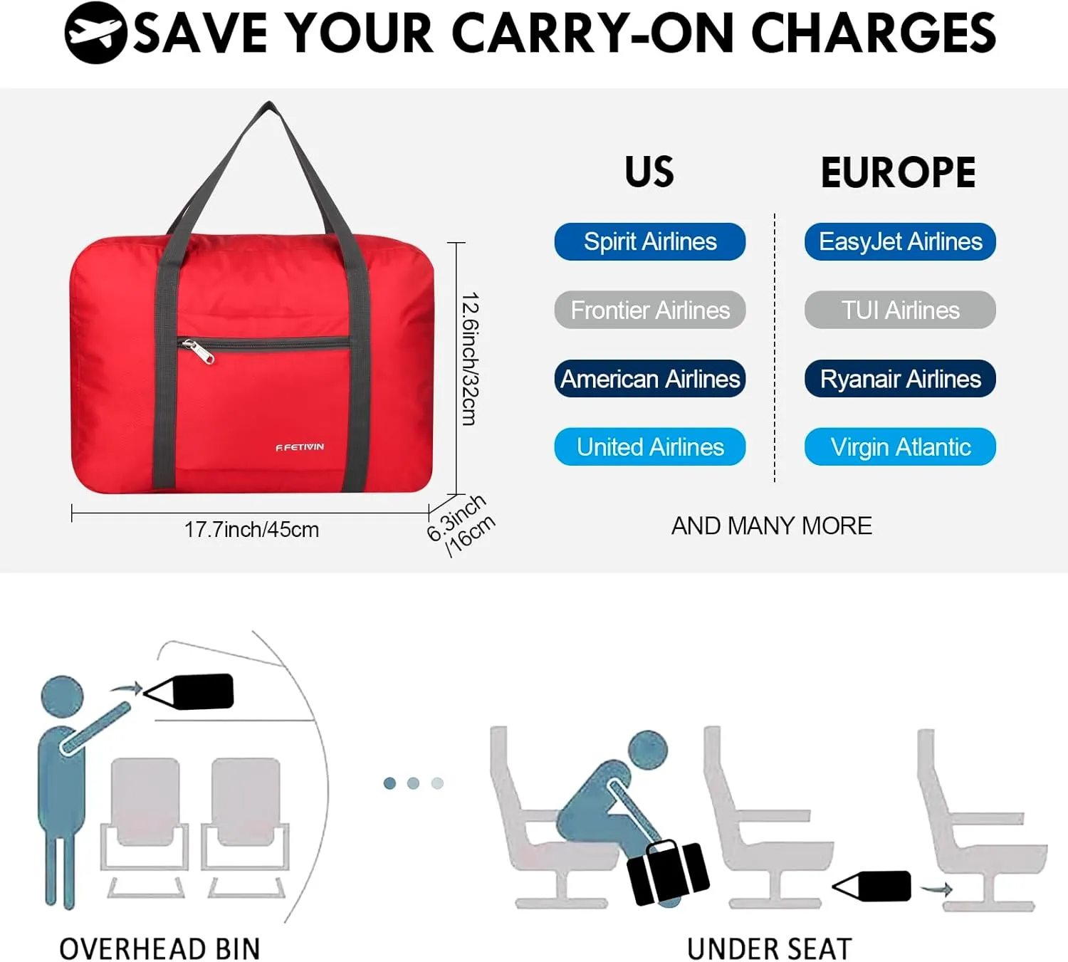 F.FETIVIN Personal item travel bag 17.7x12.6x6.3 for Spirit Airlines Lightweight carry on duffle bag waterproof for Gym,Sports,Vacation(Red)