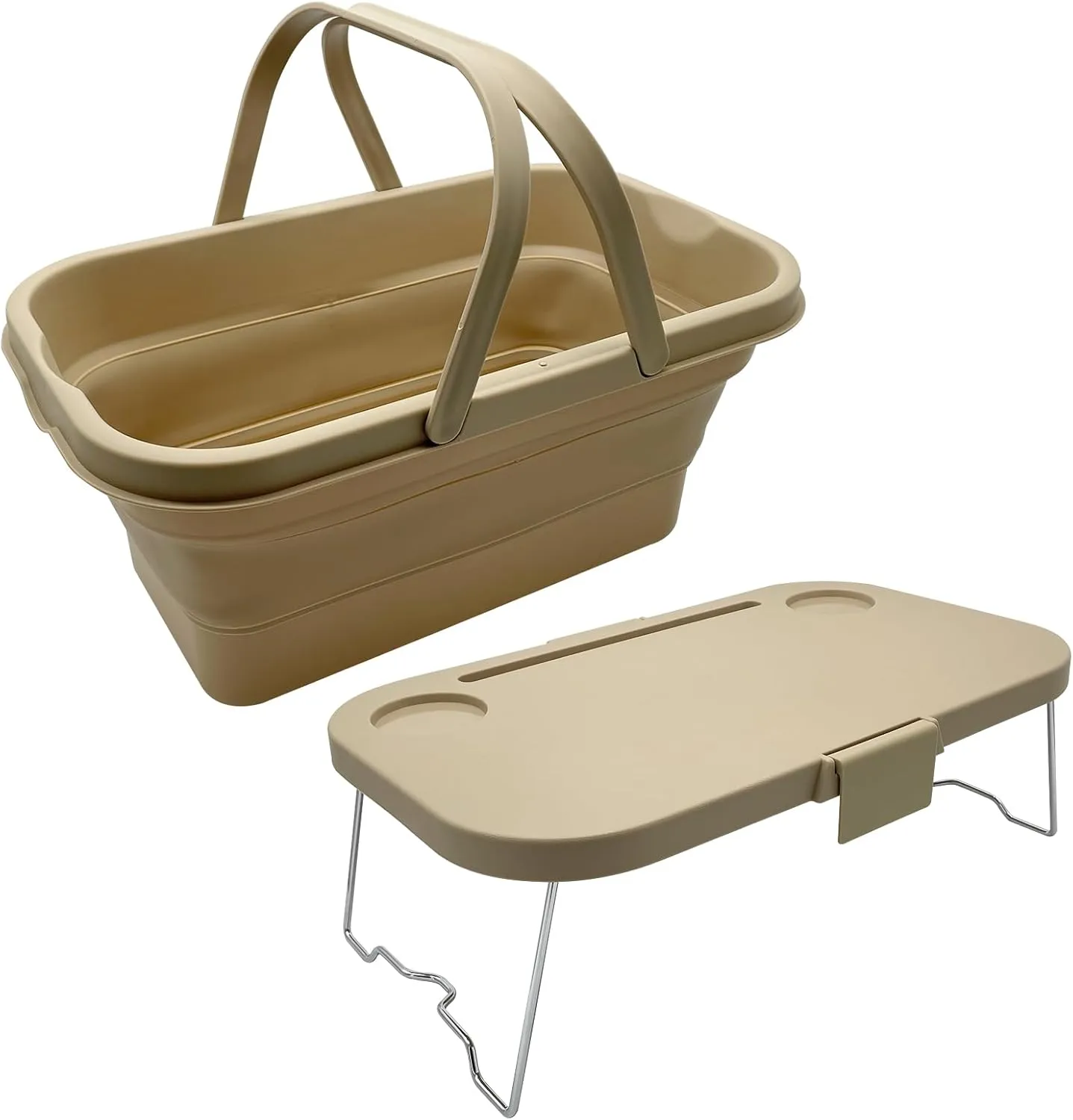 Foldable Picnic Basket Large Capacity Camping Folding Basket with Table Car Trunk Organiser Can be Used as Ice Bucket Suitable for Camping, car Storage, Home Sorting, etc. (Khaki)