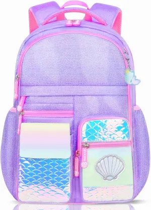 Girls Backpack, Glitter School Backpacks 16in for Girls, Cute Book Bag for Girl Kid Students Elementary School (Mermaid Purple)