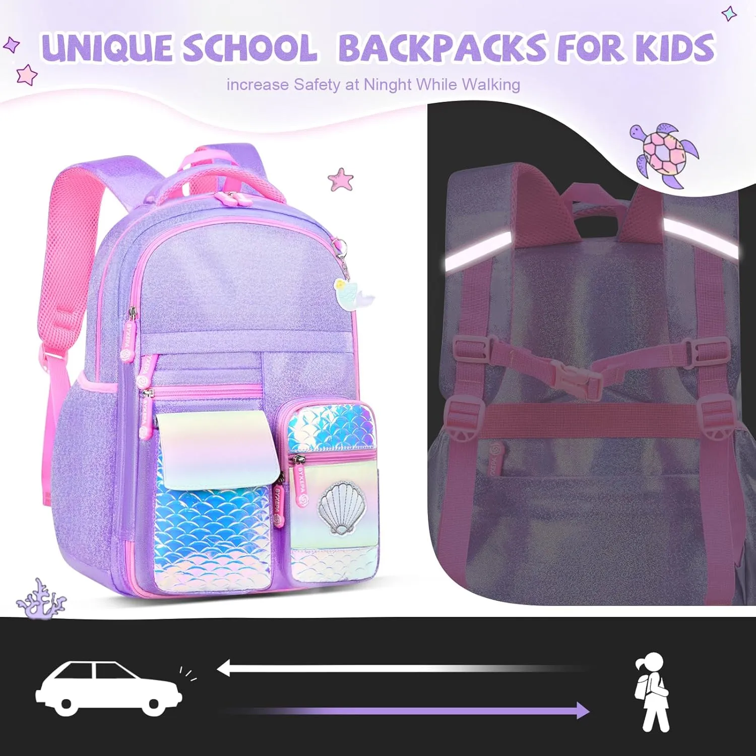 Girls Backpack, Glitter School Backpacks 16in for Girls, Cute Book Bag for Girl Kid Students Elementary School (Mermaid Purple)