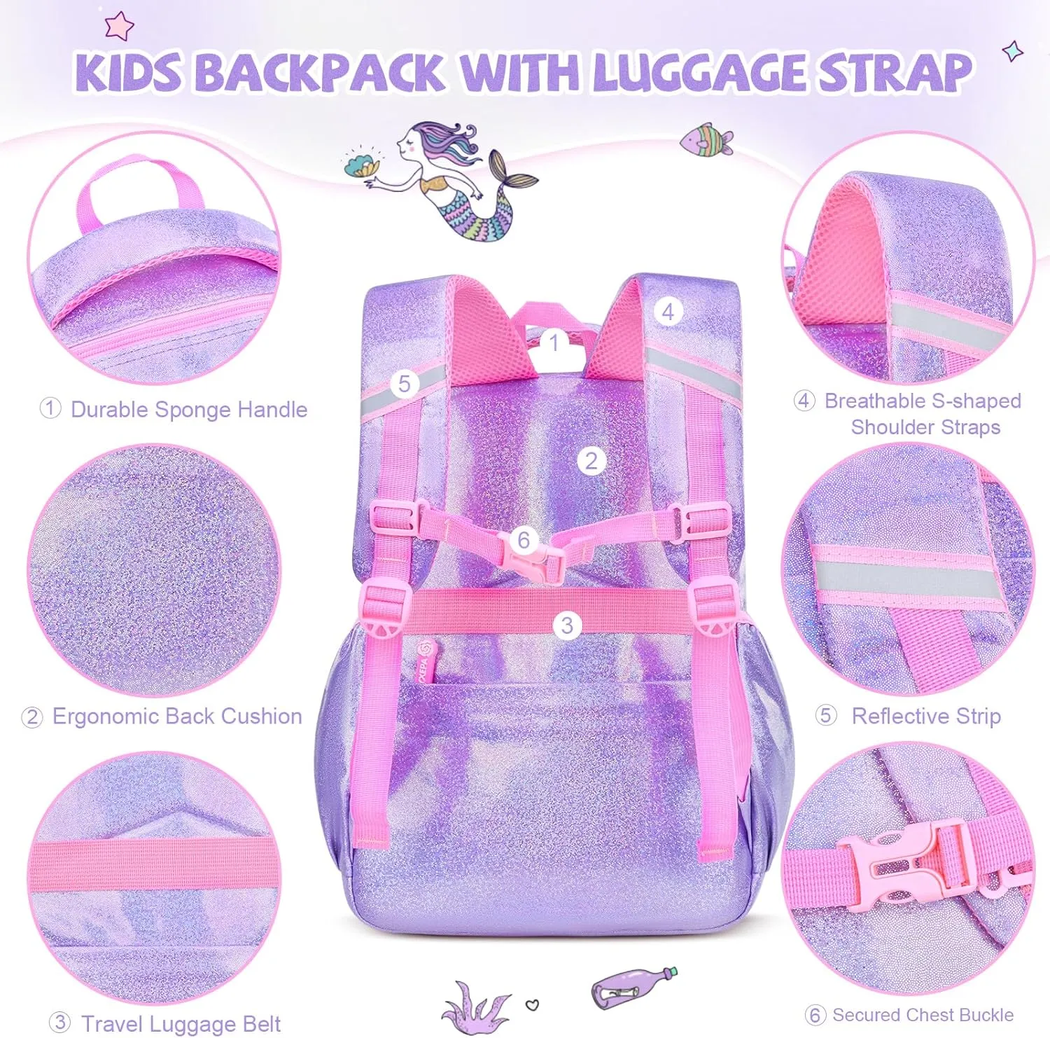 Girls Backpack, Glitter School Backpacks 16in for Girls, Cute Book Bag for Girl Kid Students Elementary School (Mermaid Purple)