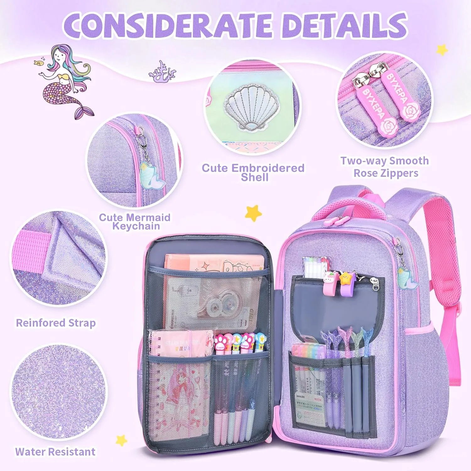 Girls Backpack, Glitter School Backpacks 16in for Girls, Cute Book Bag for Girl Kid Students Elementary School (Mermaid Purple)