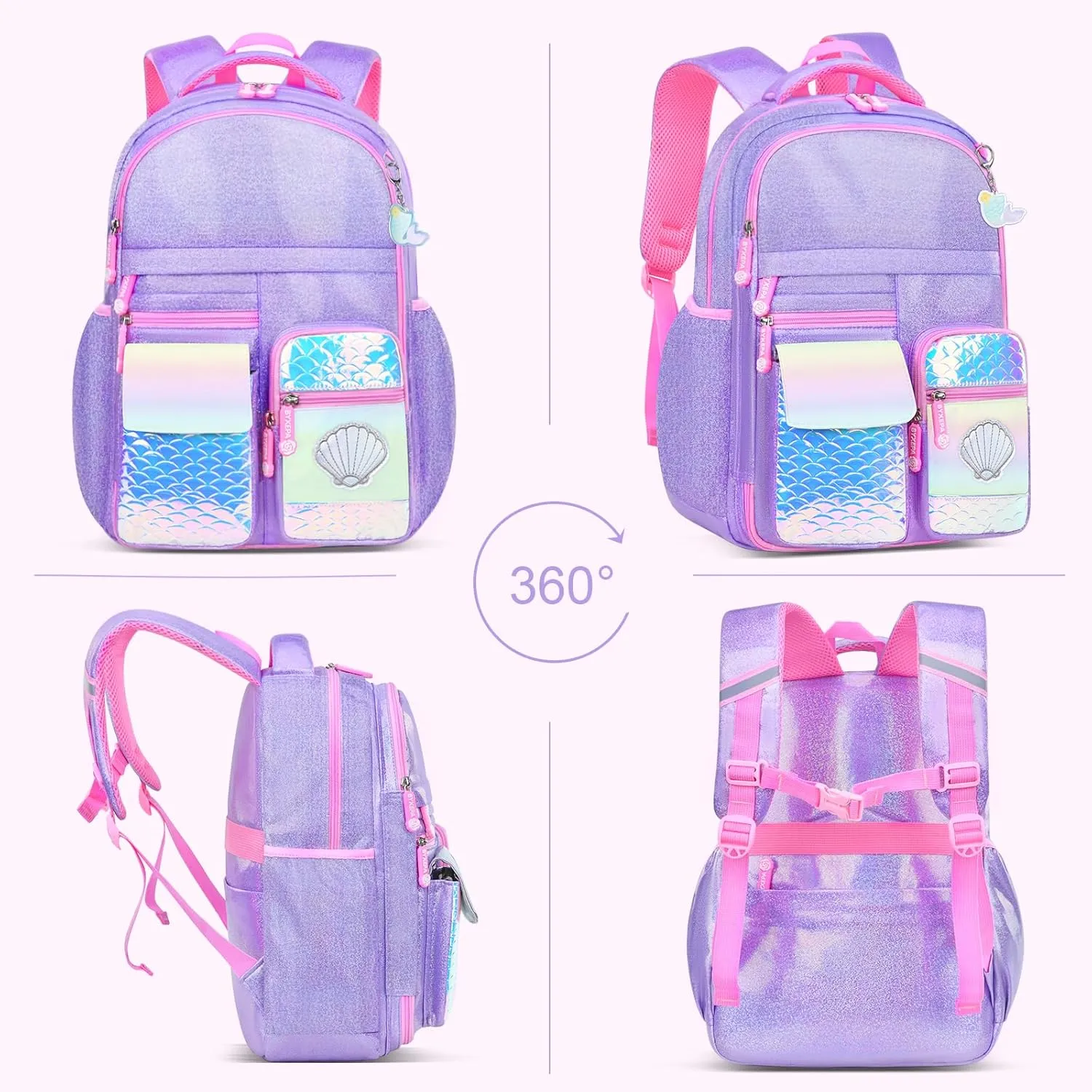 Girls Backpack, Glitter School Backpacks 16in for Girls, Cute Book Bag for Girl Kid Students Elementary School (Mermaid Purple)