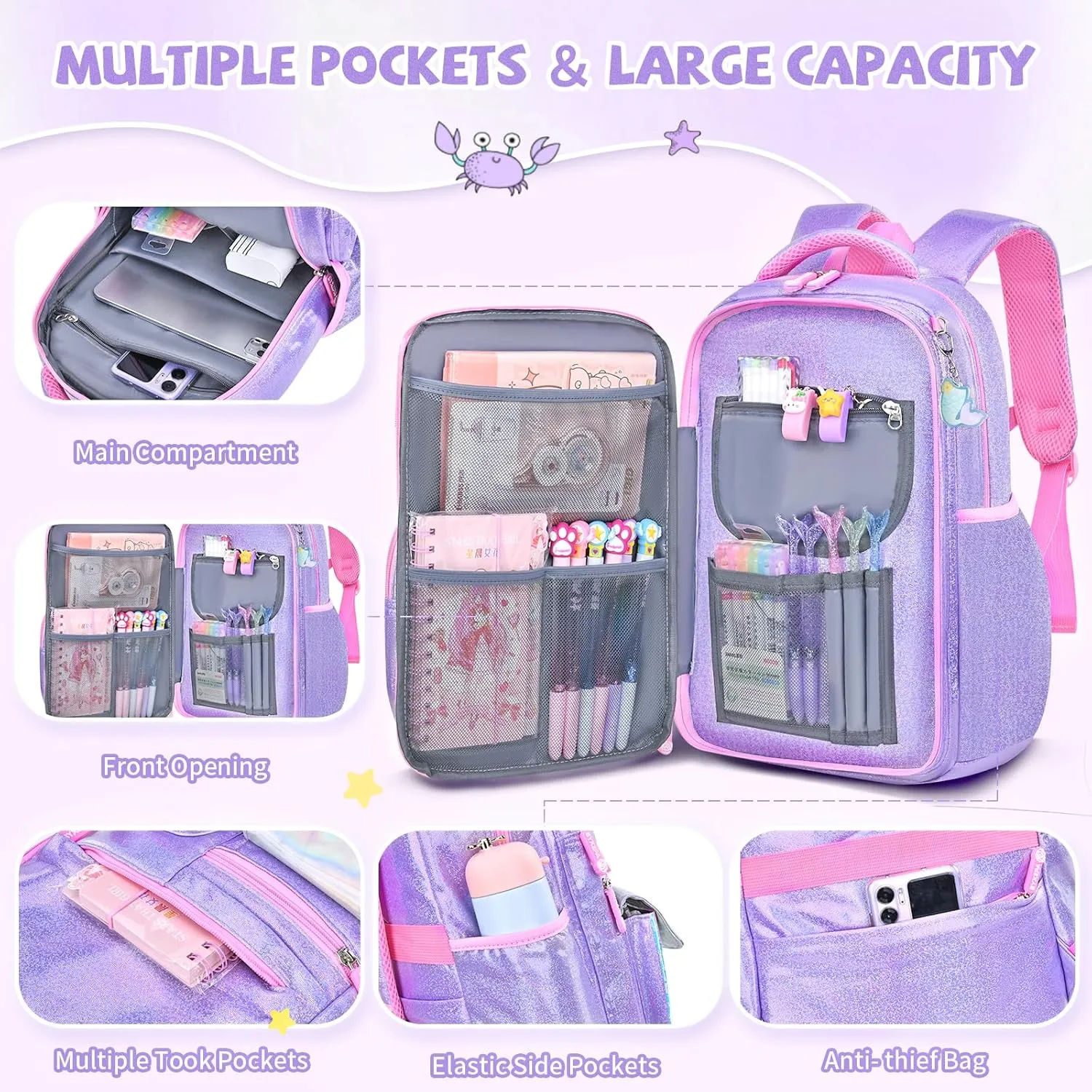 Girls Backpack, Glitter School Backpacks 16in for Girls, Cute Book Bag for Girl Kid Students Elementary School (Mermaid Purple)