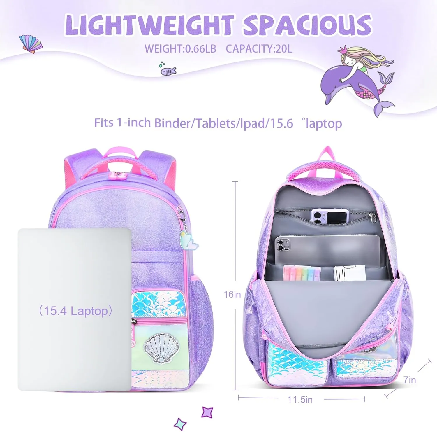 Girls Backpack, Glitter School Backpacks 16in for Girls, Cute Book Bag for Girl Kid Students Elementary School (Mermaid Purple)