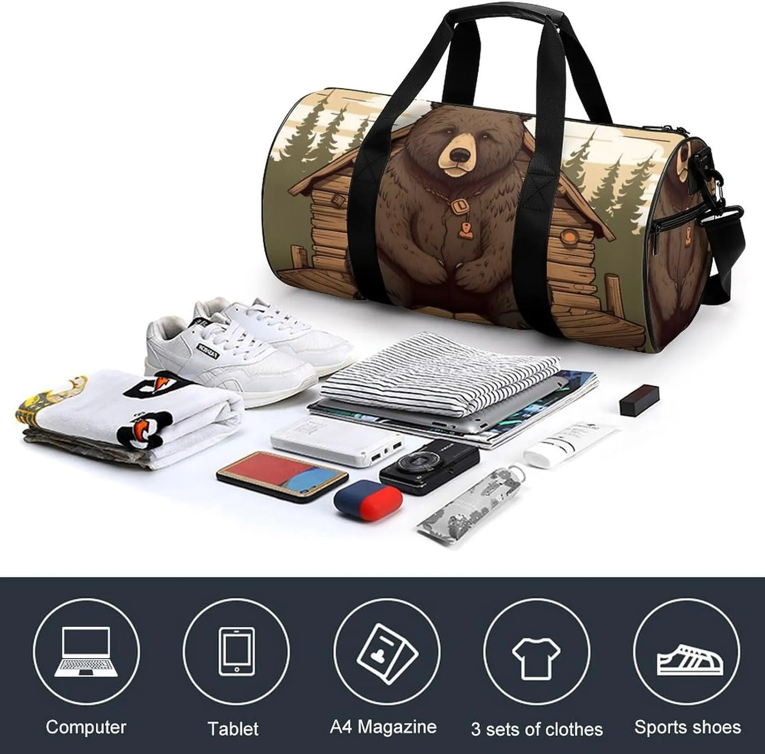 Gym Bag Rustic Lodge Bear Duffel Bag for Men Women Overnight Bag with Shoe Compartment Workout Bags