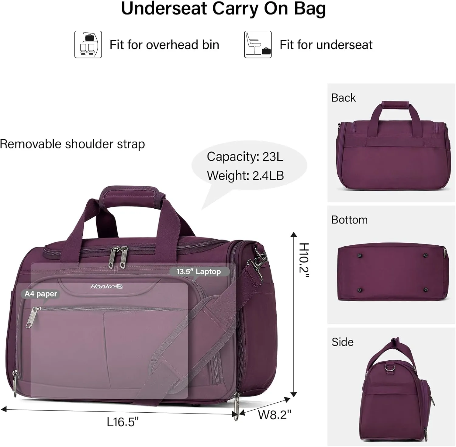 Hanke Foldable Underseat Carry On luggage Bag, Travel Tote Bag for Women & Men, Personal Item Travel Bag Softside Lightweight Luggage Bags for Travel Flight Crew Overnight Weekender Bag.Purple