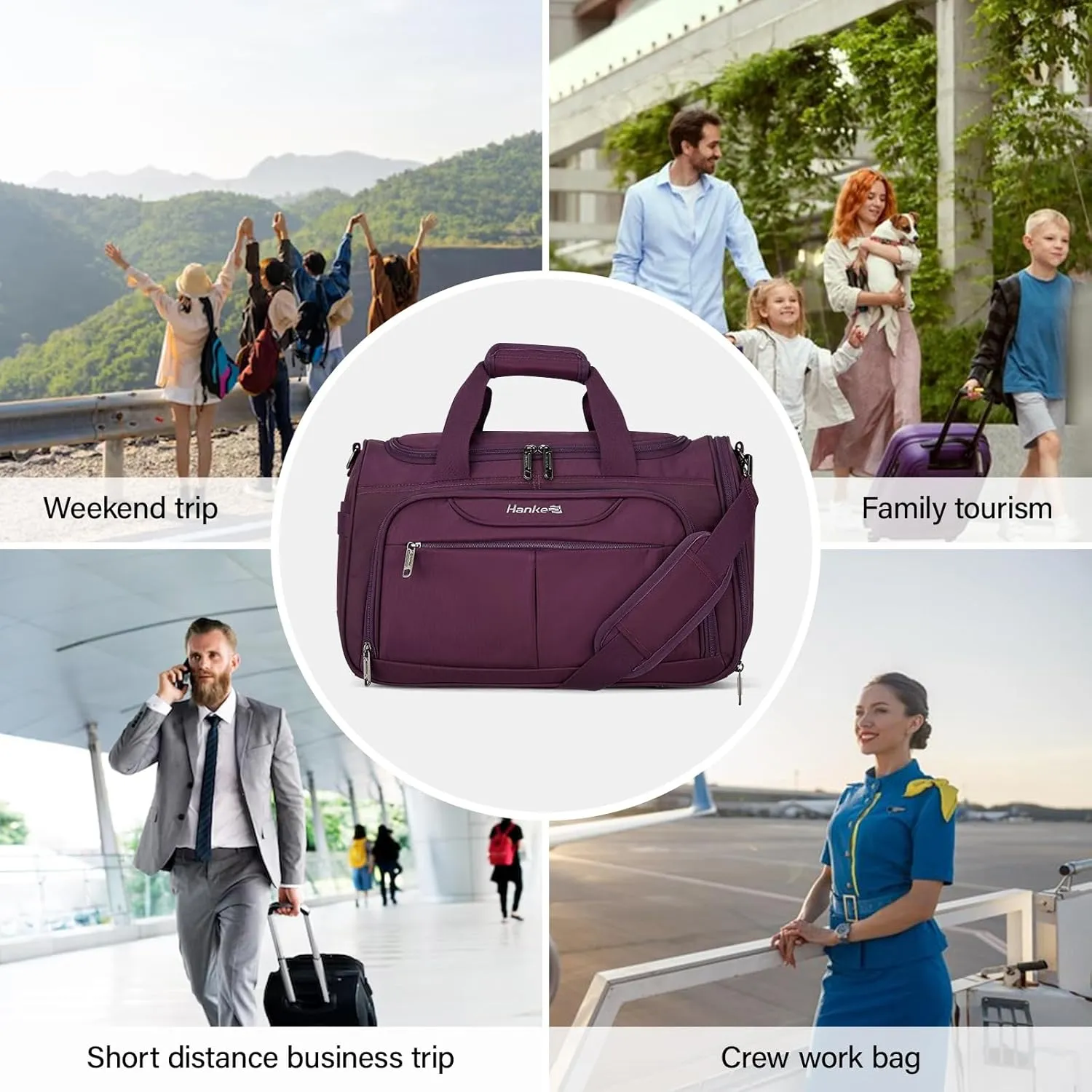 Hanke Foldable Underseat Carry On luggage Bag, Travel Tote Bag for Women & Men, Personal Item Travel Bag Softside Lightweight Luggage Bags for Travel Flight Crew Overnight Weekender Bag.Purple