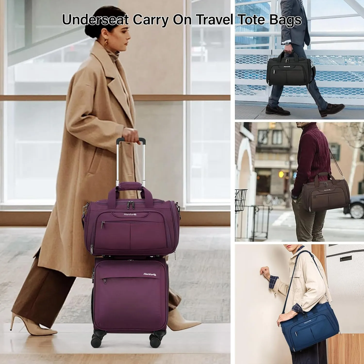 Hanke Foldable Underseat Carry On luggage Bag, Travel Tote Bag for Women & Men, Personal Item Travel Bag Softside Lightweight Luggage Bags for Travel Flight Crew Overnight Weekender Bag.Purple