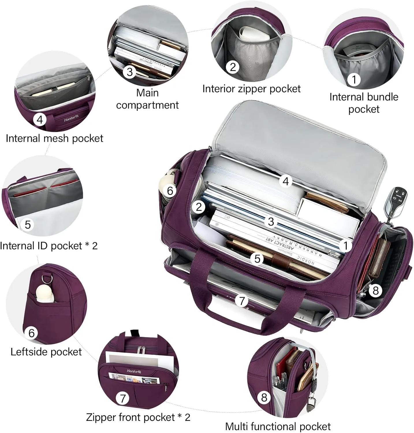 Hanke Foldable Underseat Carry On luggage Bag, Travel Tote Bag for Women & Men, Personal Item Travel Bag Softside Lightweight Luggage Bags for Travel Flight Crew Overnight Weekender Bag.Purple