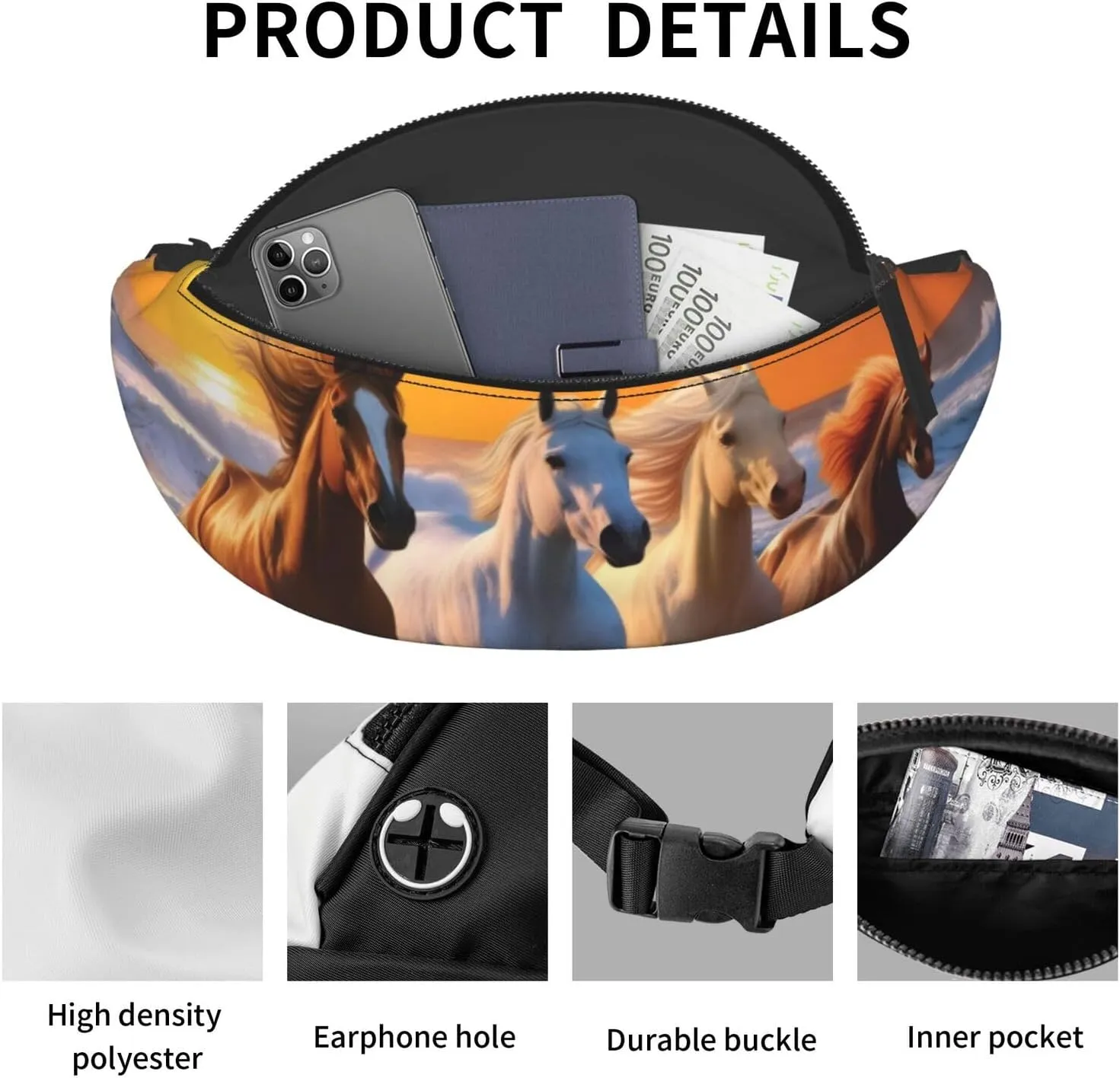 Horses On The Beach Print Fanny Pack/Waist Bag For Festival Rave Hiking Running Cycling