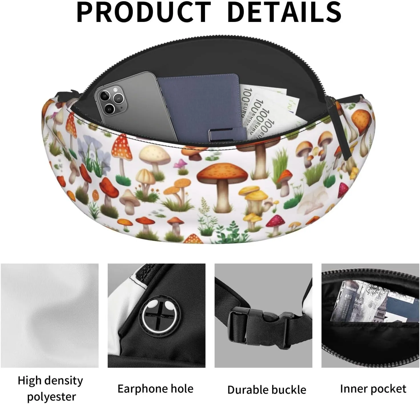 Japanese Painting Mushroom Print Fanny Pack/Waist Bag For Festival Rave Hiking Running Cycling