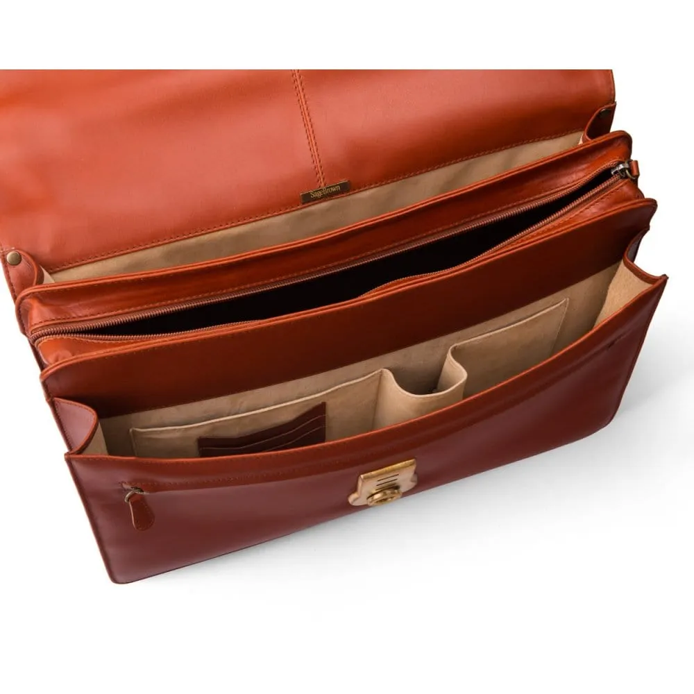 Large Leather Hatton Briefcase With Solid Brass Lock - Light Tan