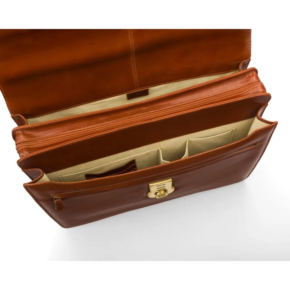 Large Leather Hatton Briefcase With Solid Brass Lock - Light Tan
