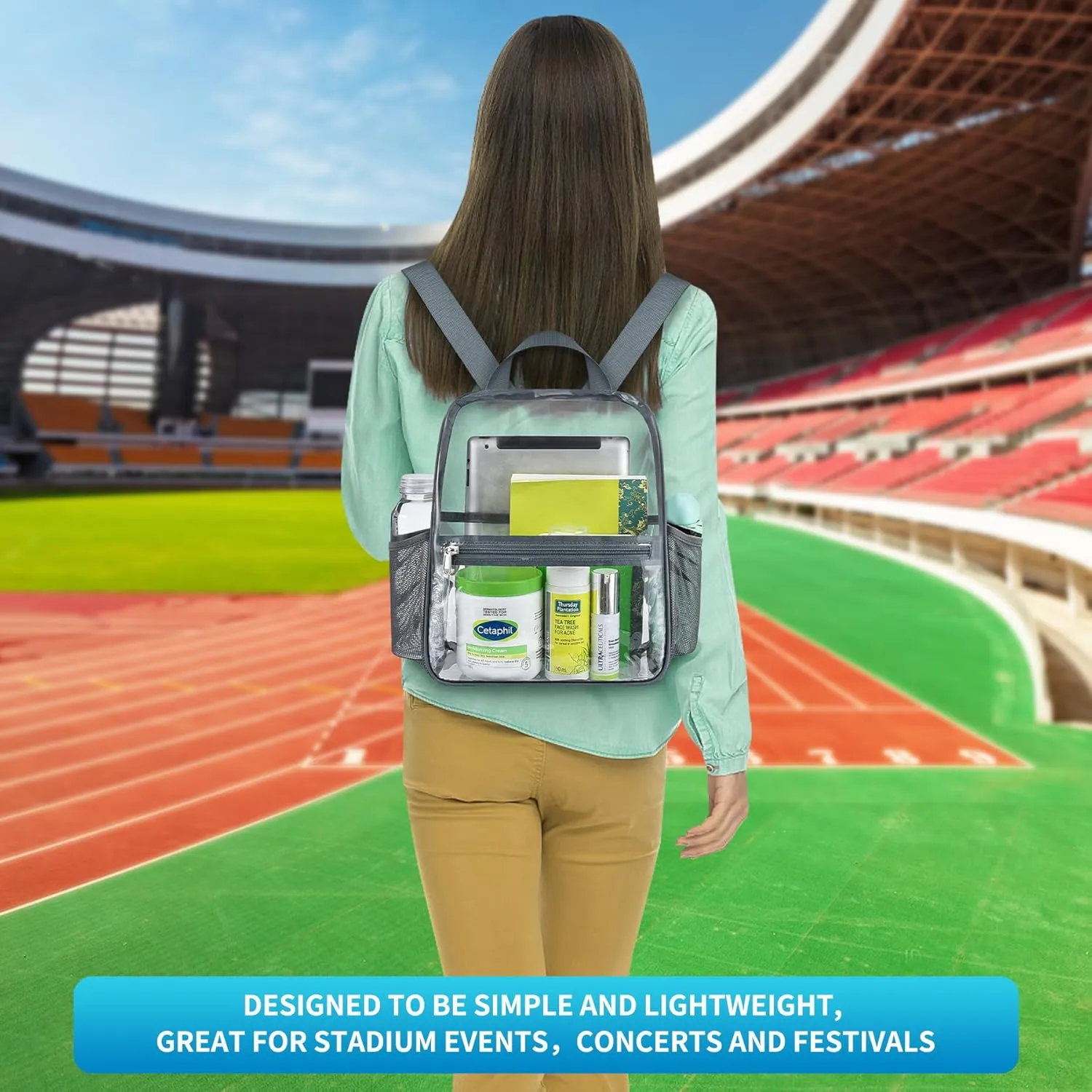 Mildbeer Small Clear Backpack, Stadium Approved 12x12x6 Clear Backpack for Women with 2 Bottle Holders for Festival Concert Sports Events