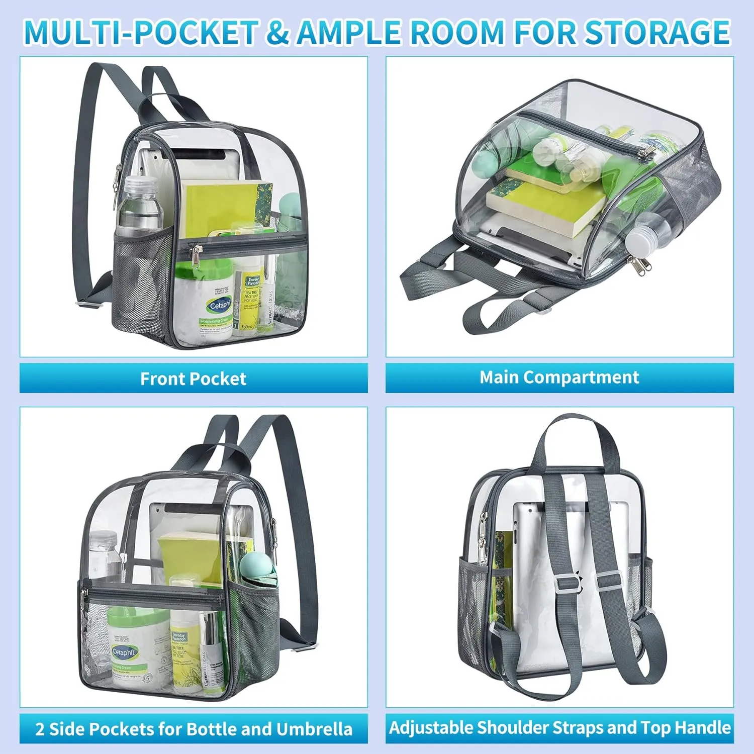 Mildbeer Small Clear Backpack, Stadium Approved 12x12x6 Clear Backpack for Women with 2 Bottle Holders for Festival Concert Sports Events