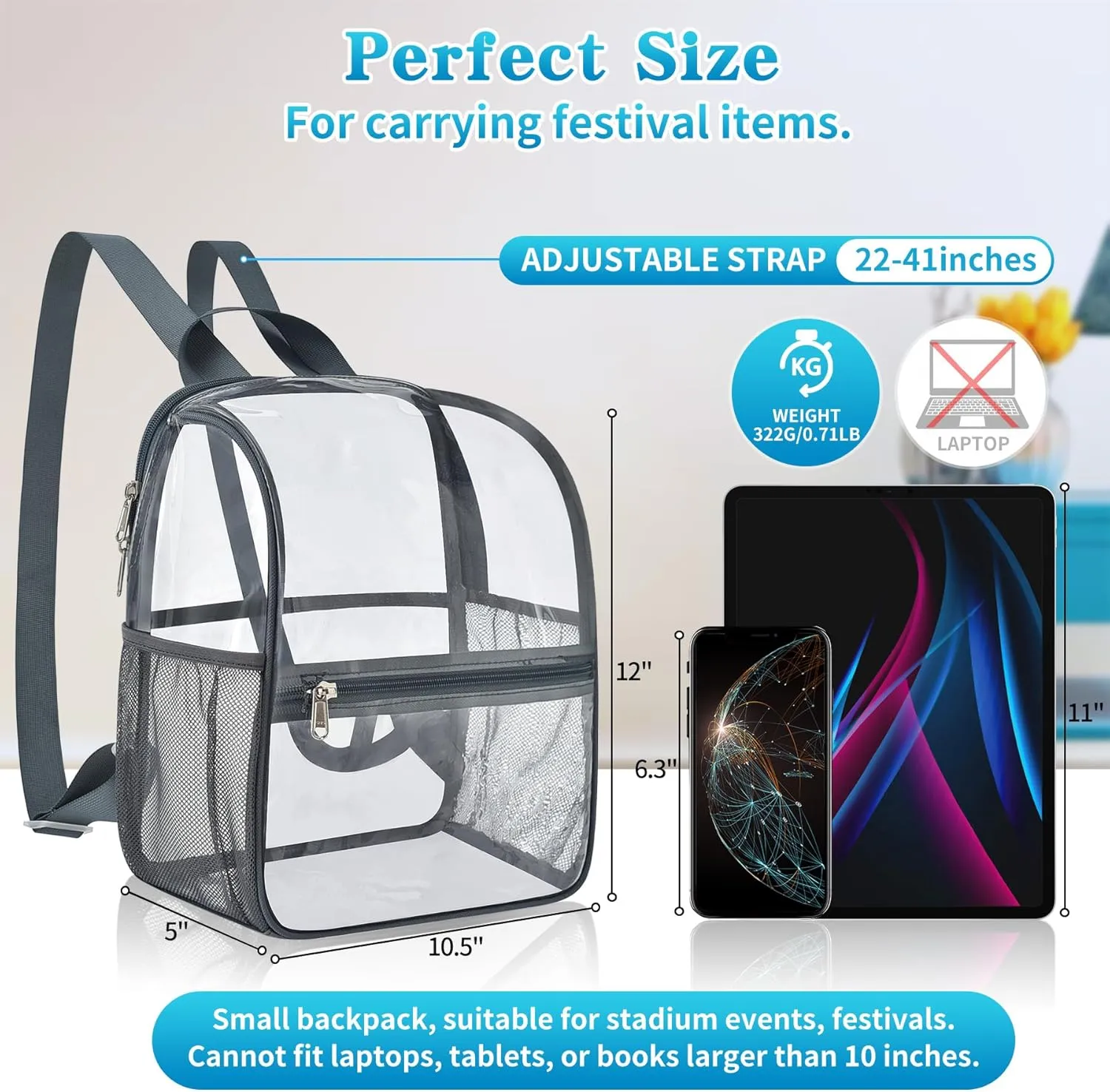 Mildbeer Small Clear Backpack, Stadium Approved 12x12x6 Clear Backpack for Women with 2 Bottle Holders for Festival Concert Sports Events