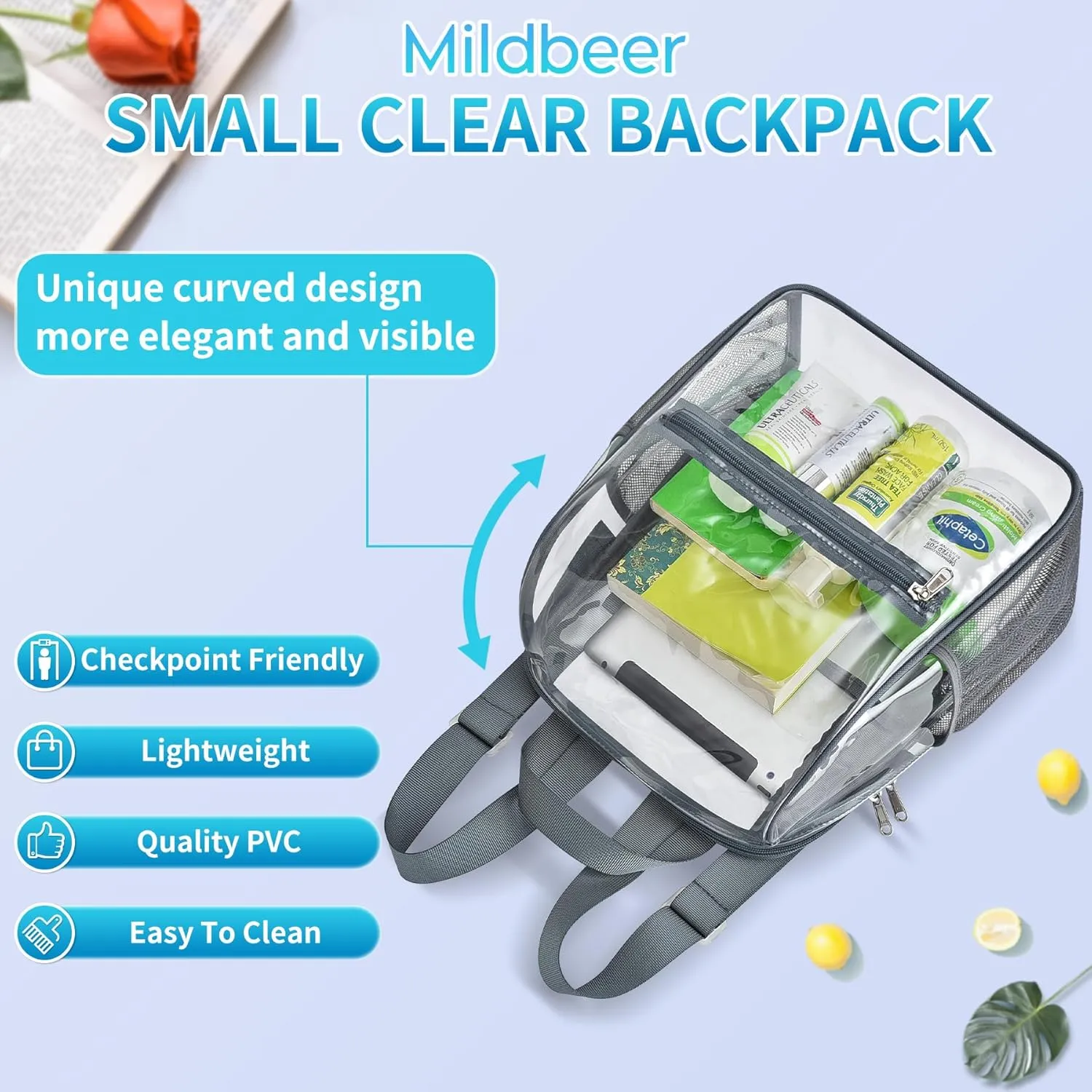 Mildbeer Small Clear Backpack, Stadium Approved 12x12x6 Clear Backpack for Women with 2 Bottle Holders for Festival Concert Sports Events