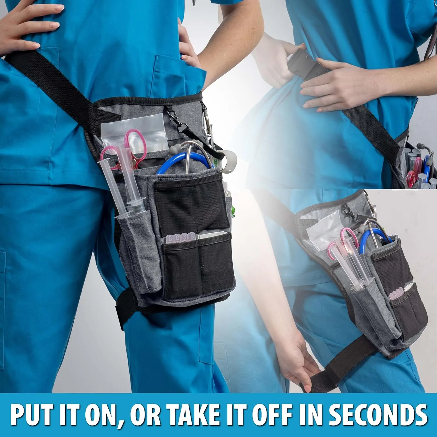 Nurse Fanny Pack w/Elastic Leg Band - Multi Compartment Waist Organizer Tool Bag for Students, Practitioners & Medical Professionals (Seal Grey)